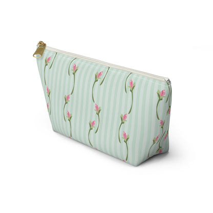 Customizable: Floral Print Accessory Pouch | Cute Makeup Bag, Travel Organizer, Gift for Her, Floral Clutch, Green Striped Bag