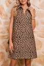 Khaki Leopard Print V Neck Sleeveless Collared Mini Dress
