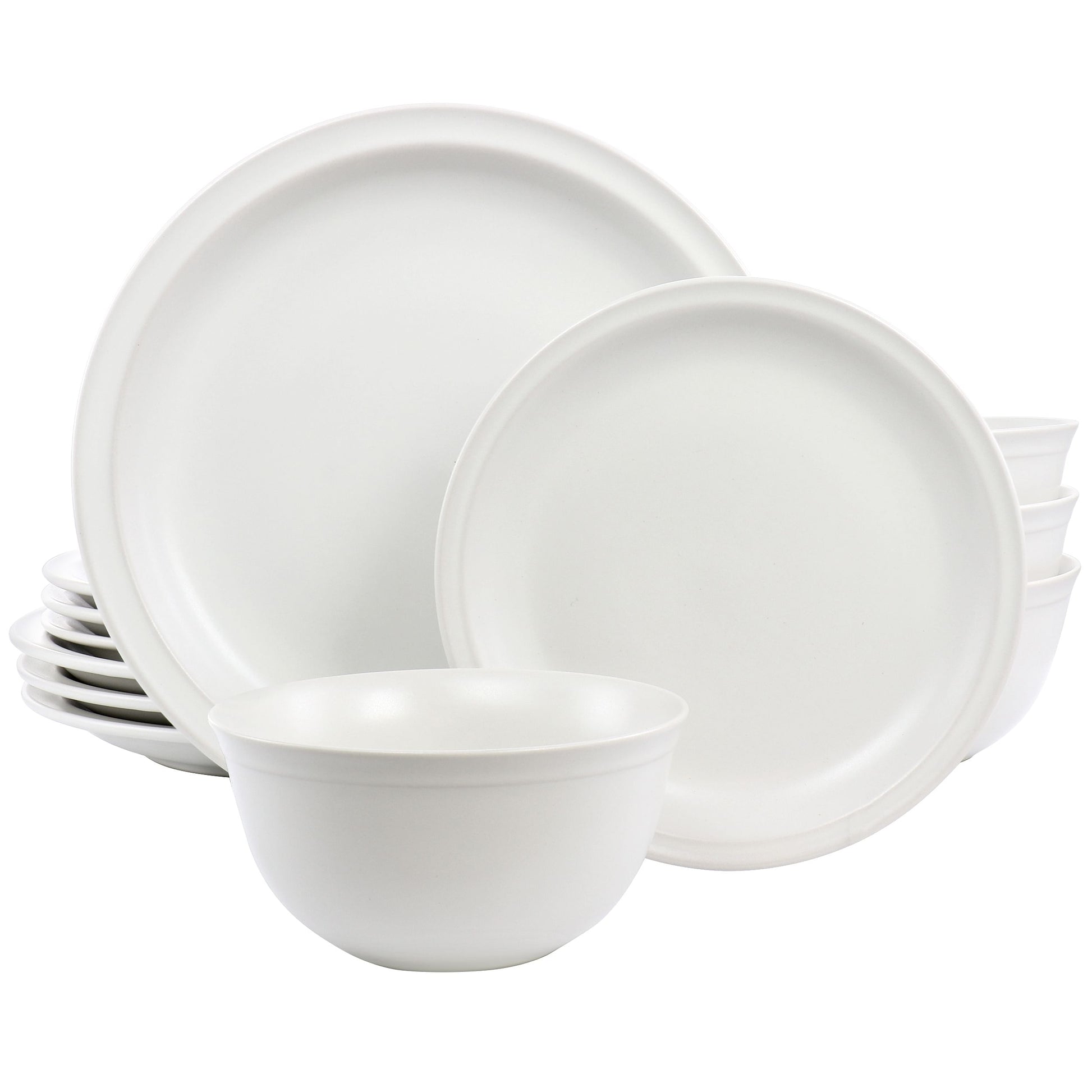 A 12 piece white stoneware dinnerware set including four dinner plates, four dessert plates, and four bowls.