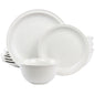 A 12 piece white stoneware dinnerware set including four dinner plates, four dessert plates, and four bowls.