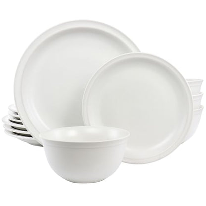 A 12 piece white stoneware dinnerware set including four dinner plates, four dessert plates, and four bowls.