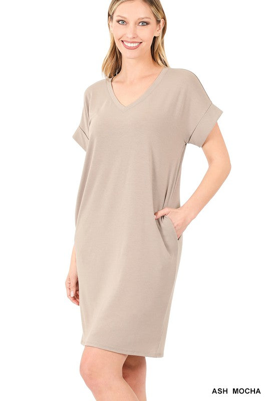 ZENANA Rolled Short Sleeve V-Neck Dress