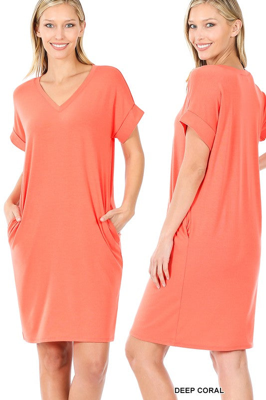 ZENANA Rolled Short Sleeve V-Neck Dress