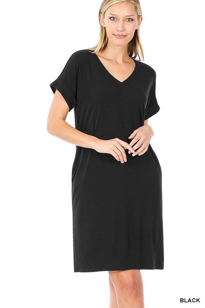 ZENANA Rolled Short Sleeve V-Neck Dress