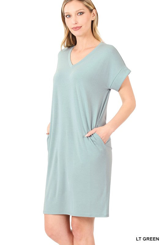 ZENANA Rolled Short Sleeve V-Neck Dress