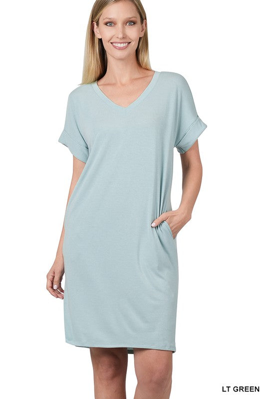 ZENANA Rolled Short Sleeve V-Neck Dress