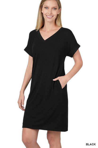 ZENANA Rolled Short Sleeve V-Neck Dress
