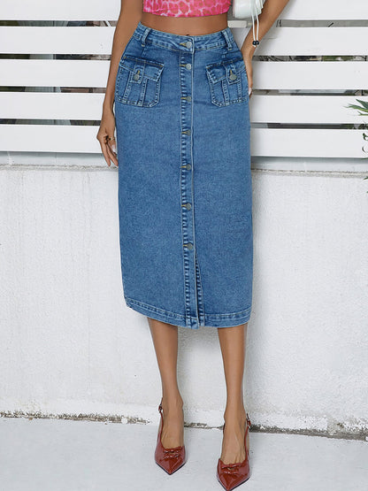 Multi Breasted Mid Length Hip Skirt Women Stretch Denim Pencil Skirt