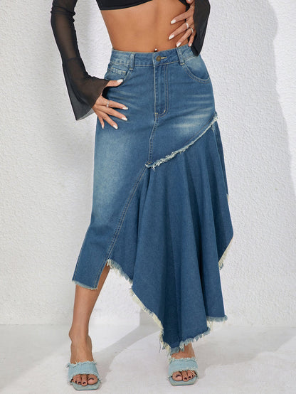 Stitching Irregular Asymmetric Women Asymmetric Hem Large Denim A Line Skirt