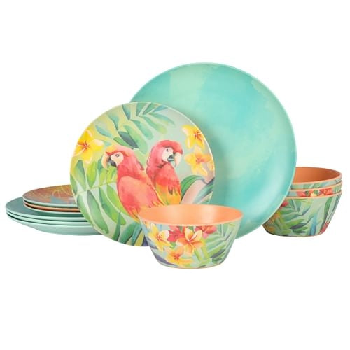 Laurie Gates Tropical Parrots 12 Piece Melamine Dinnerware Set in