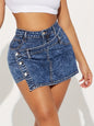 Ladies Asymmetric Front Strap High Elastic Snowflake Craft Denim Shorts Multi Button Decoration