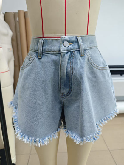 Women Elastic Waist Fur Edge Umbrella Type Denim Shorts