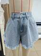 Women Elastic Waist Fur Edge Umbrella Type Denim Shorts