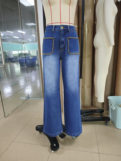 Rivet Inlaid Pocket Wide Foot Mouth Washed Denim Slim Straight Trousers