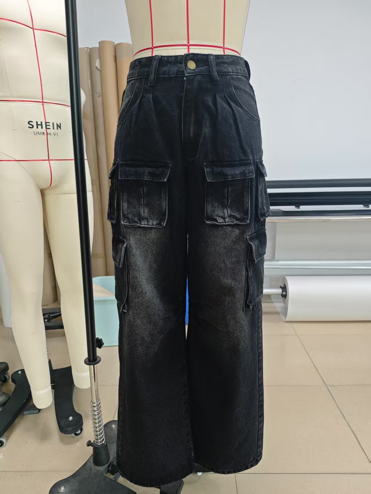 Retro Multi Pocket Jeans Loose Straight Casual Wide Leg Pants Washed Cargo Pants