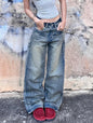 Ladies Loose Back Pocket plus Fold Front Pocket Seam Denim Wide Leg Non Elastic Trousers