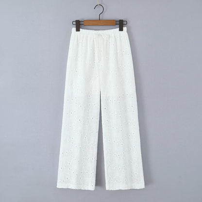 Embroidered High Waist Slimming All Matching Lace up Straight Leg Pants Wide Leg Straight Pants Straight Leg Pants Hollow Out Cutout out Trousers