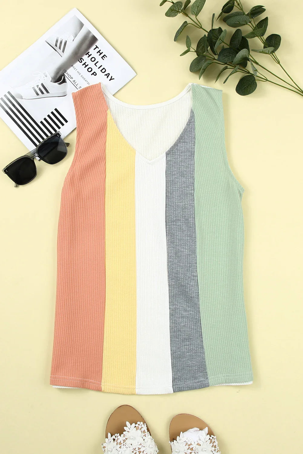 Multicolor Color Block Casual V Neck Waffle Knit Tank Top