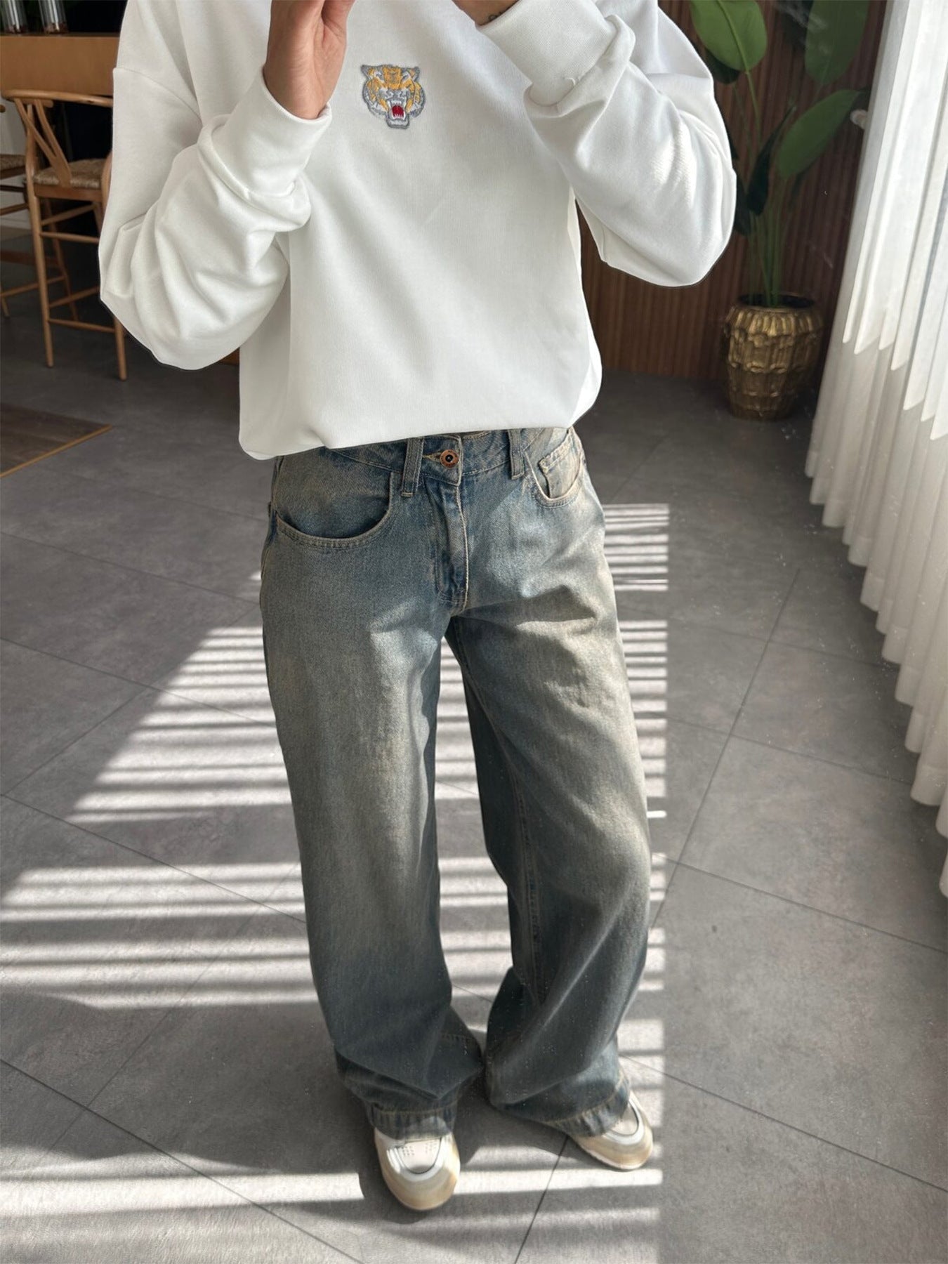 Ladies Retro Micro Elastic Heavy Industry Wash Straight Wide Leg Loose Denim Trousers