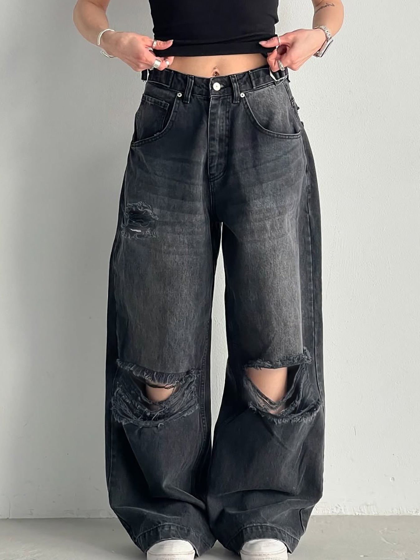 Women Loose Large Ripped Waist Adjustable Wide Leg Denim Trousers