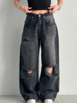 Women Loose Large Ripped Waist Adjustable Wide Leg Denim Trousers