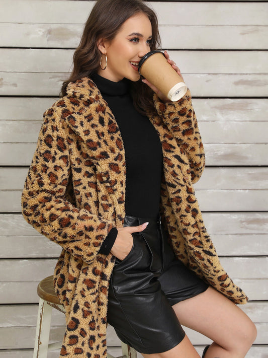 Autumn Winter Retro Easy Matching Warm Plush Long Sleeved Jacket Super Leopard Print Loose Casual Jacket Women