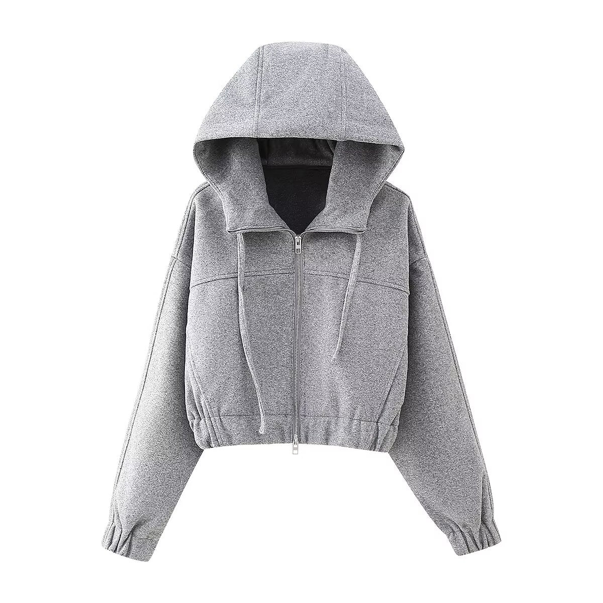 Women Clothing Spring Hooded Long Sleeve Zipper Fabric Short Sweater