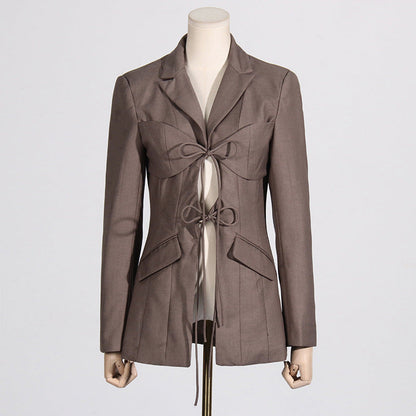 Spring Sexy V Neck Lace-up Hollow Out Cutout Waist Irregular Asymmetric Stitching Design Blazer for Women