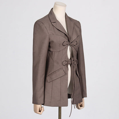 Spring Sexy V Neck Lace-up Hollow Out Cutout Waist Irregular Asymmetric Stitching Design Blazer for Women
