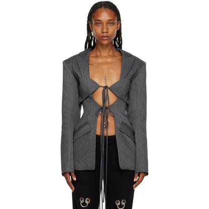 Spring Sexy V Neck Lace-up Hollow Out Cutout Waist Irregular Asymmetric Stitching Design Blazer for Women