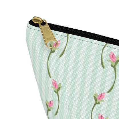 Customizable: Floral Print Accessory Pouch | Cute Makeup Bag, Travel Organizer, Gift for Her, Floral Clutch, Green Striped Bag