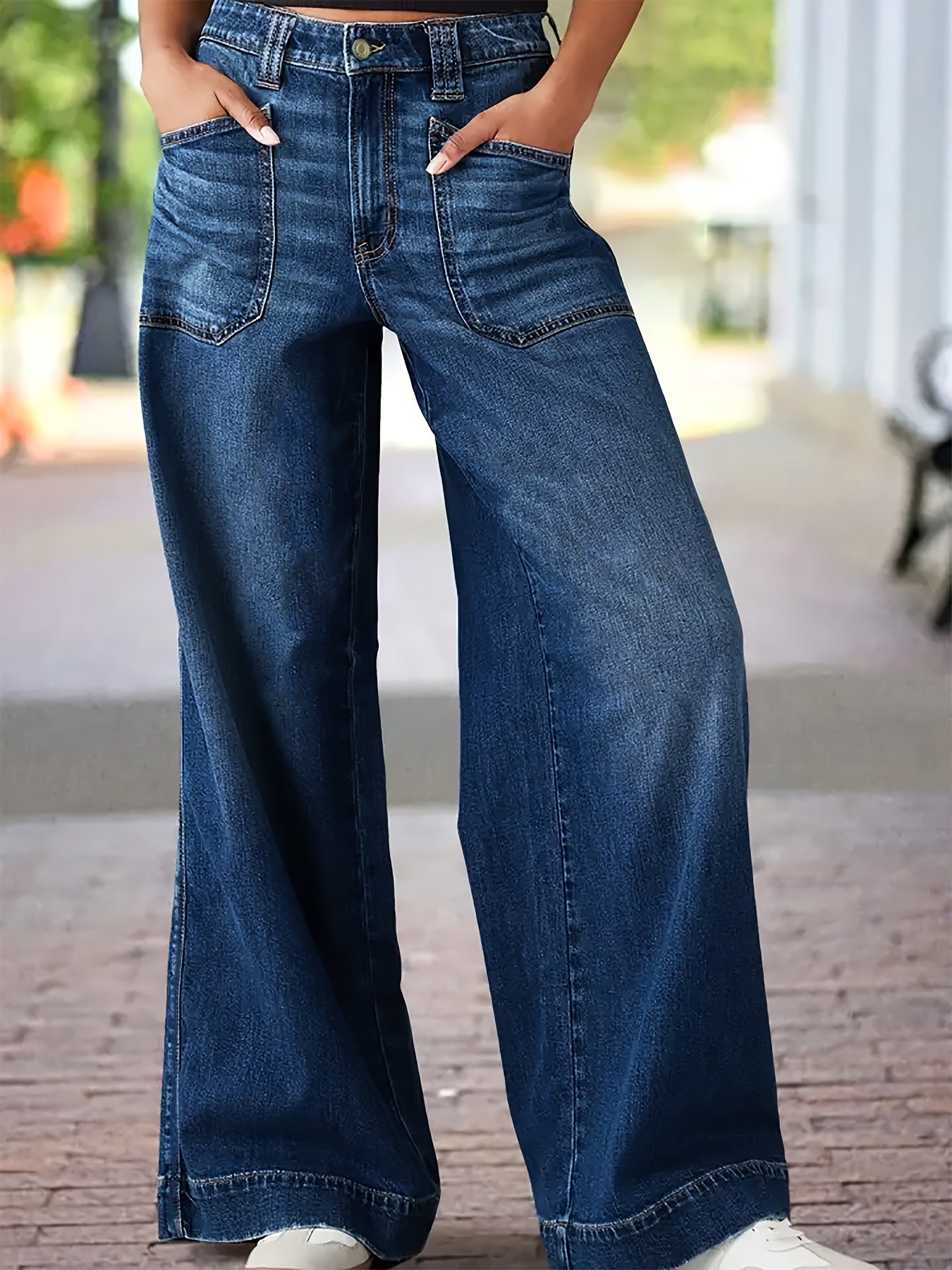 Ladies Stretch Outer Pocket Straight Wide Leg Denim Trousers
