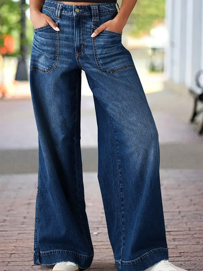 Ladies Stretch Outer Pocket Straight Wide Leg Denim Trousers