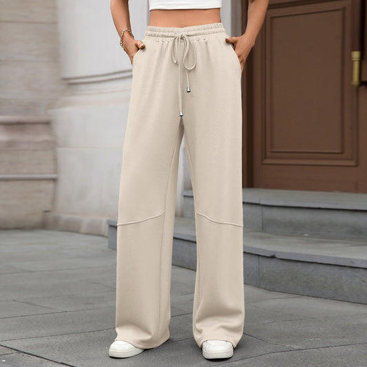 Autumn Winter Solid Color Elastic Waist Drawstring Pocket Wide Leg Pants Trousers for Women