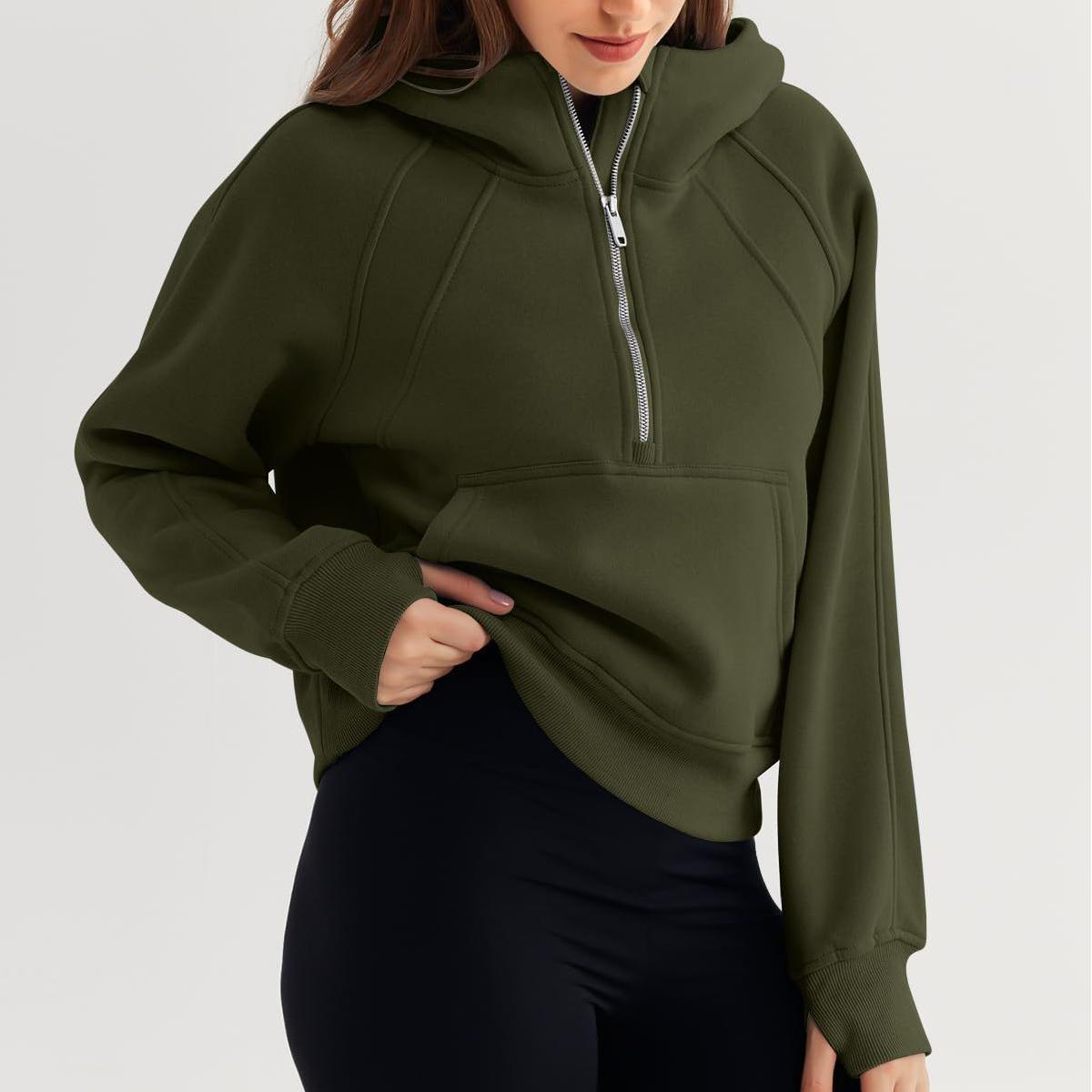 Half Zipper Pullover Hooded Sweatshirt Fleece Short Chic Scuba Sweater for Women