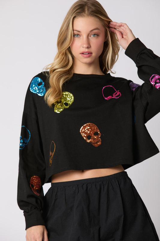 Autumn Winter Women Halloween Skull Sequined Top Loose Fitting Casual Pullover Women