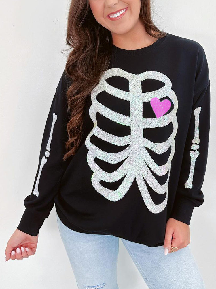 Autumn Winter Women Clothing Halloween Skull Sequined Top Long Sleeve Pullover Hoodie Women