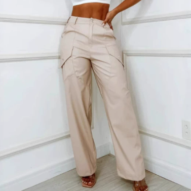 Leather Pants Women Elastic Waist Drooping Straight Three Dimensional Pocket Casual Trousers Leather Pants Leather Pants