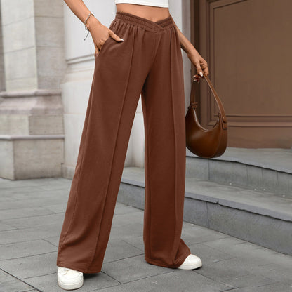 Autumn Winter Solid Color Elastic Waist Loose Straight Casual Trousers for Women