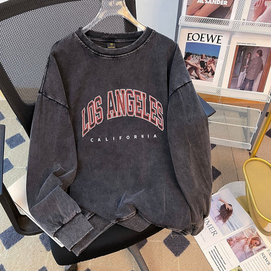 Washed out Vintage Fleece lined Thickened Composite round Neck Sweater Women Autumn Winter Super Idle Design Blouse