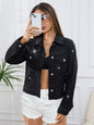 Women Non Elastic Multi Diamond Real Pocket Black Long Sleeve Denim Jacket Coat