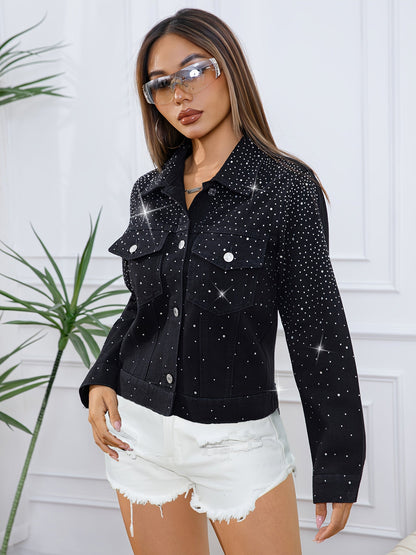 Women Non Elastic Multi Diamond Real Pocket Black Long Sleeve Denim Jacket Coat