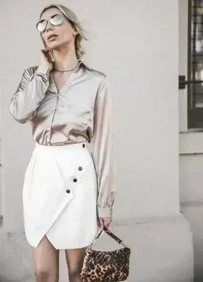White Button Front Layered Asymmetrical Mini Skirt