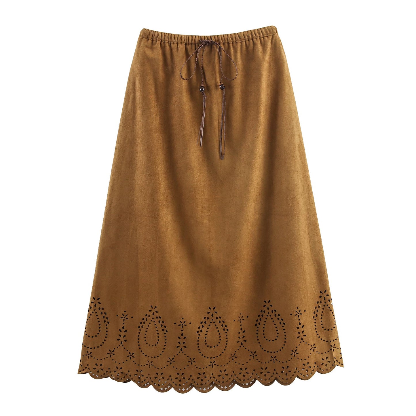 Women Clothing Autumn Long Suede Laser Carved Hollow Out Cutout Retro Skirt
