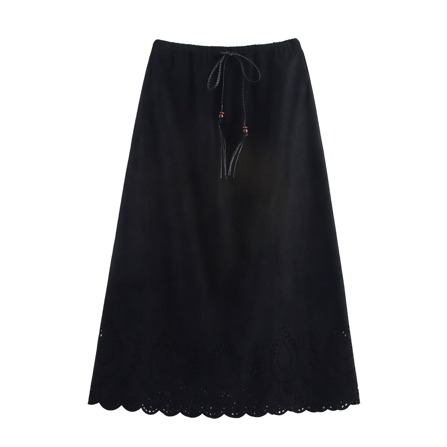 Women Clothing Autumn Long Suede Laser Carved Hollow Out Cutout Retro Skirt