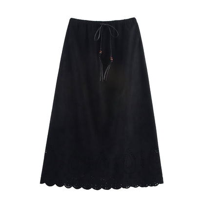 Women Clothing Autumn Long Suede Laser Carved Hollow Out Cutout Retro Skirt