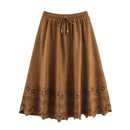 Women Clothing Autumn Retro Suede Laser Carved Hole Floral Vacation Skirt