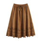 Women Clothing Autumn Retro Suede Laser Carved Hole Floral Vacation Skirt