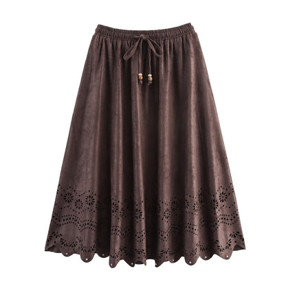 Women Clothing Autumn Retro Suede Laser Carved Hole Floral Vacation Skirt