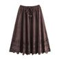 Women Clothing Autumn Retro Suede Laser Carved Hole Floral Vacation Skirt